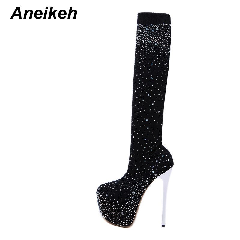 Aneikeh pasarela cristal calcetín de tejido elástico plataformas botas puntiagudas sobre la rodilla 16CM talón muslo alto club nocturno