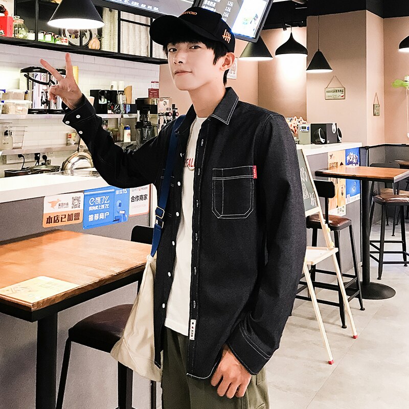 Lente Mannen Casual Zwarte Denim Shirt Slanke Lange Mouw Mannen Drie-Kleur M-4XL