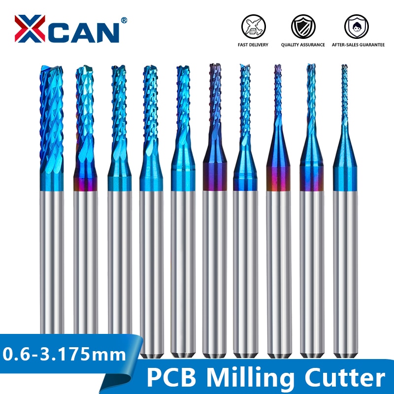 Xcan hårdmetal endefræser 10 stk 3.175 skaft blå coated cnc fræser bits gravering kant fræser endefræser 0.8-3.0mm