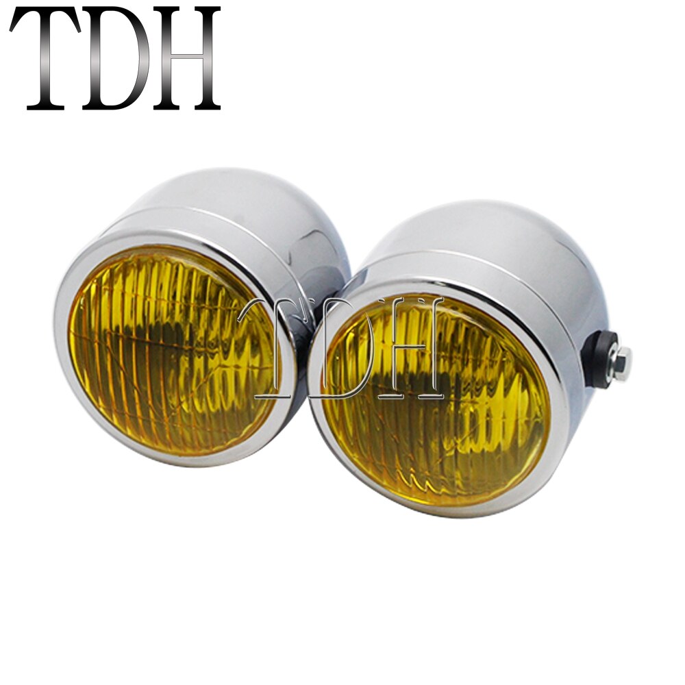 Motorcycle Retro Headlight Mesh Grill Twin Dual Cafe Racer Front Head Light Lamp Bracket Mask Kits For Harley Dirt Bikes: A chrome yellow