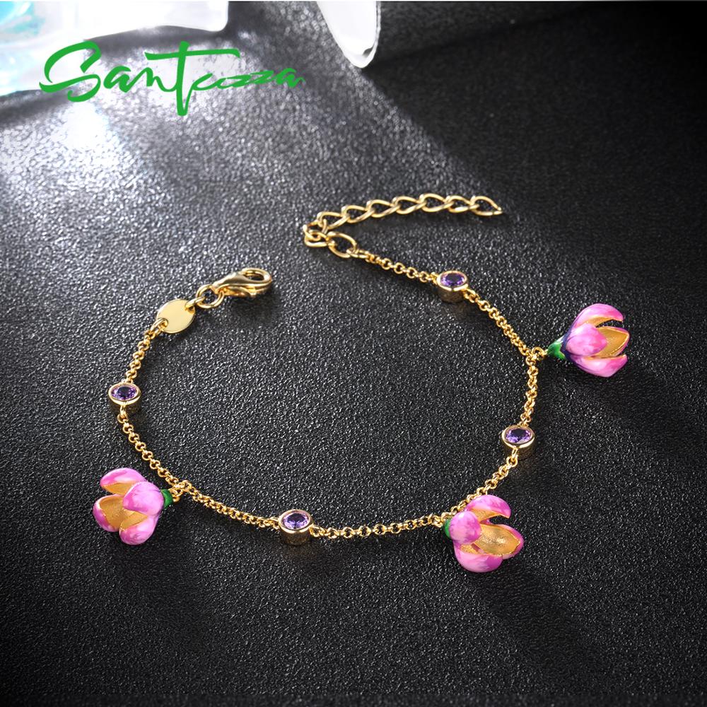 )Zza bracciale in argento per donna argento Sterling 925 elegante fiore rosa regolabile Color oro gioielleria raffinata smalto fatto a mano