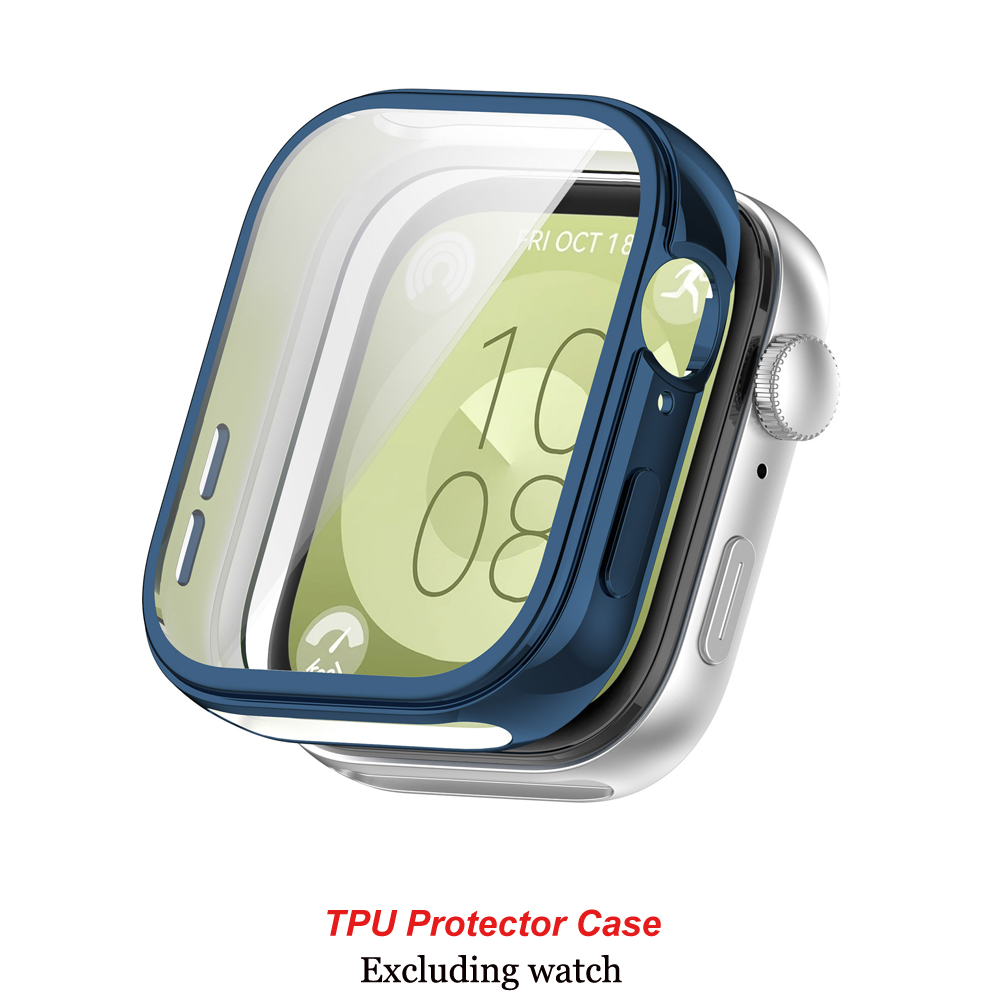 Vidrio + funda para Huawei Watch Fit 3, Protector de pantalla integral, parachoques duro de PC, funda de reloj de vidrio templado para Huawei Watch Fit 3: Azul claro