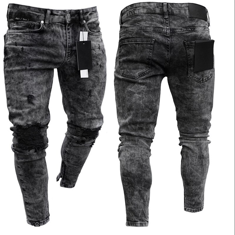 Men vintage Black Slim Fit Stretch Ripped skinny Jean zipper street jogging Motorcycle casual jeans pants: XXL