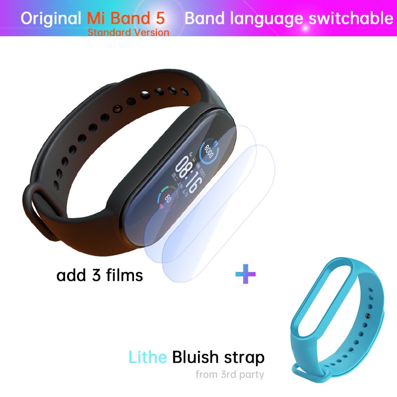 Xiaomi-Pulsera Mi Band 5 de fitness, reloj con monitor deportivo del ritmo cardíaco las 24 horas, carga magnética, sueño REM, siesta, pasos, natación, alarma de recordatorio,: STD n film bluish