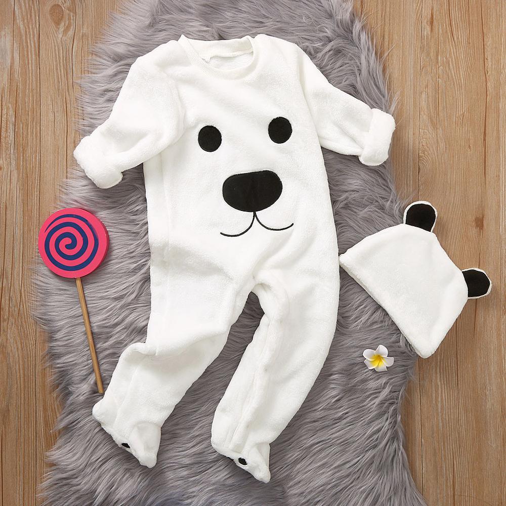 Baby Boys Girls Romper Infant Newborn Warm Winter Long Sleeve Cartoon Bear Soft Fleece Romper Jumpsuit+Hat Sets Newest