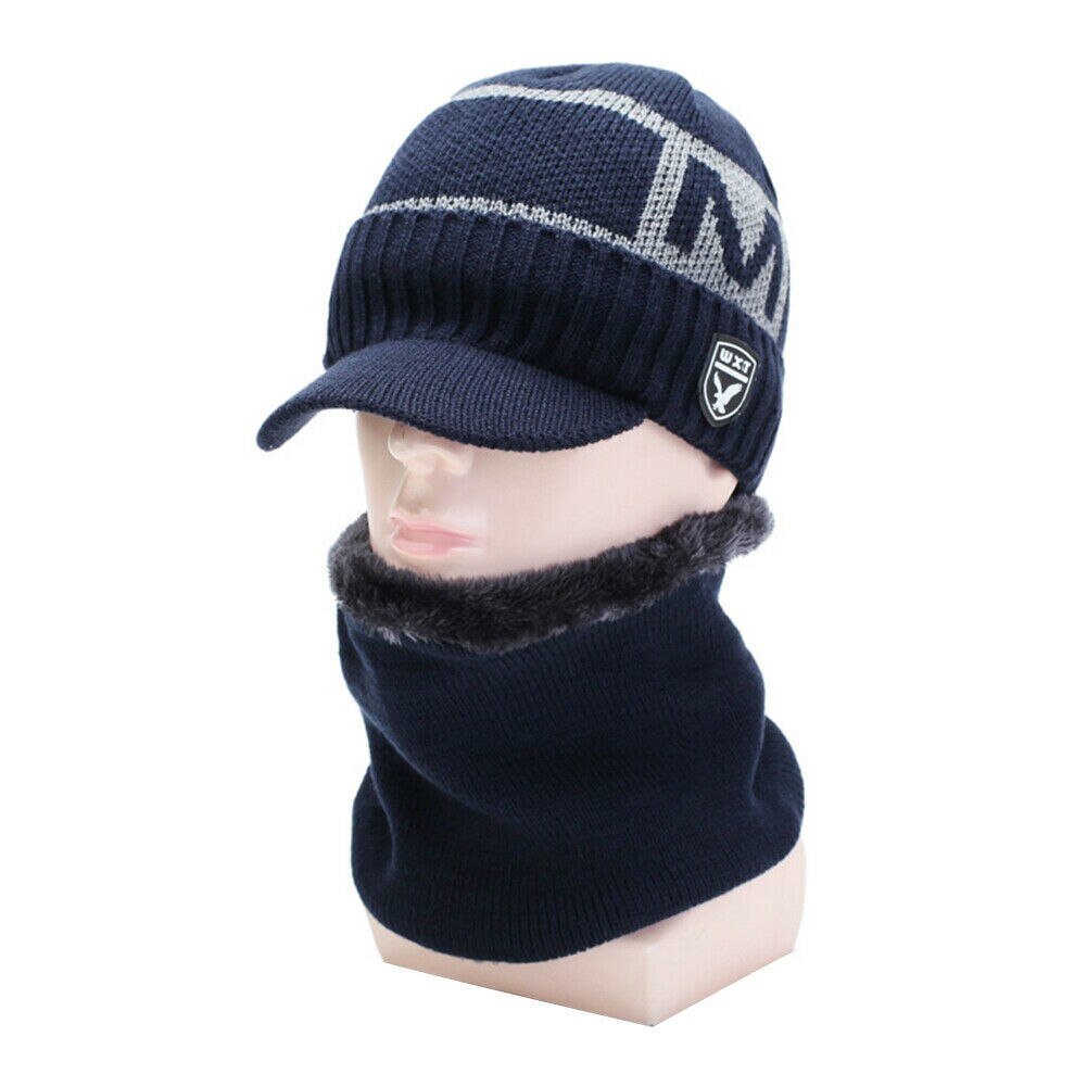 Brand Men Warm Winter Hat Knit Visor Beanie Fleece Lined Billed Beanie with Brim Cap: Blue