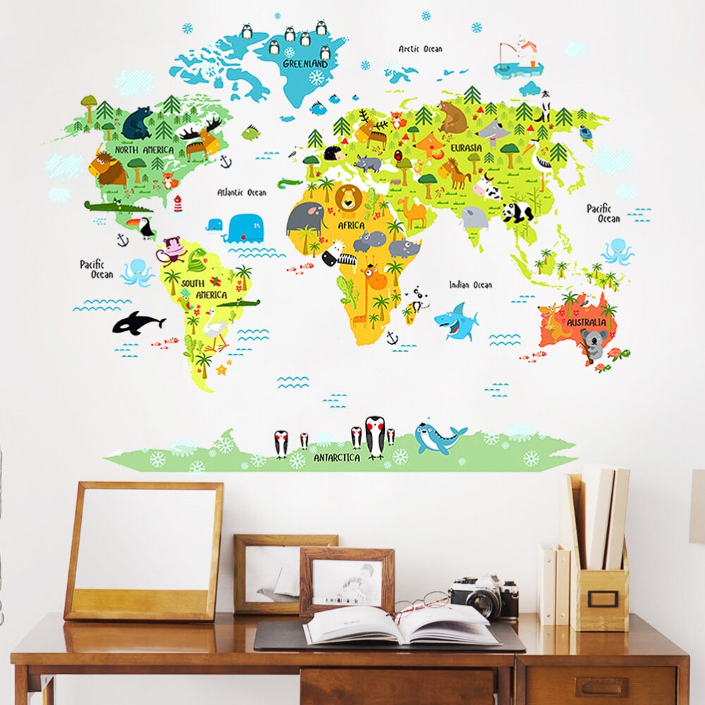 Cartoon Animals World Map Wall Stickers Removable Waterproof Wall Decals Wall Decor for Kids Room: Default Title