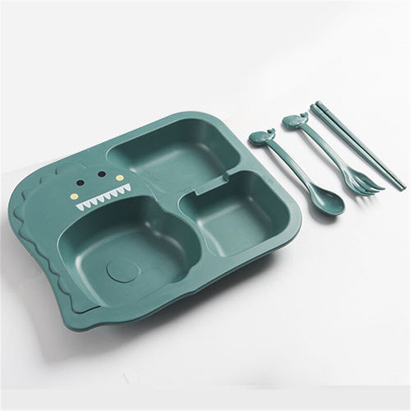 6 stykke sæt baby dinosaur bordservice børne middag tallerken gitter hjemme tegneserie fodringsretter: Grøn a -4 stk