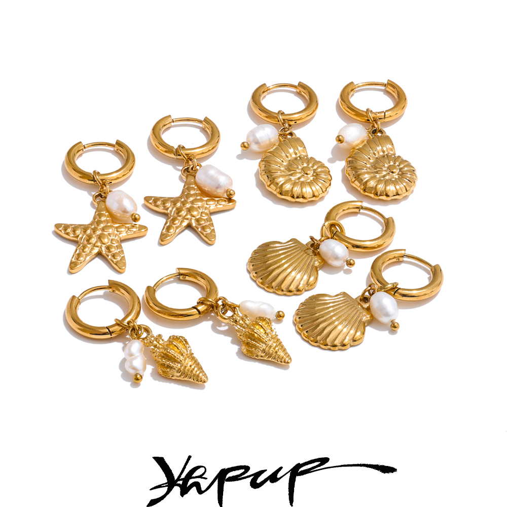Yhpup Oceaan Stijl Natuurlijke Parel Schelp Zeester Zomer Hoepel Oorbellen voor Vrouwen Roestvrij Staal Dagelijkse Sieraden