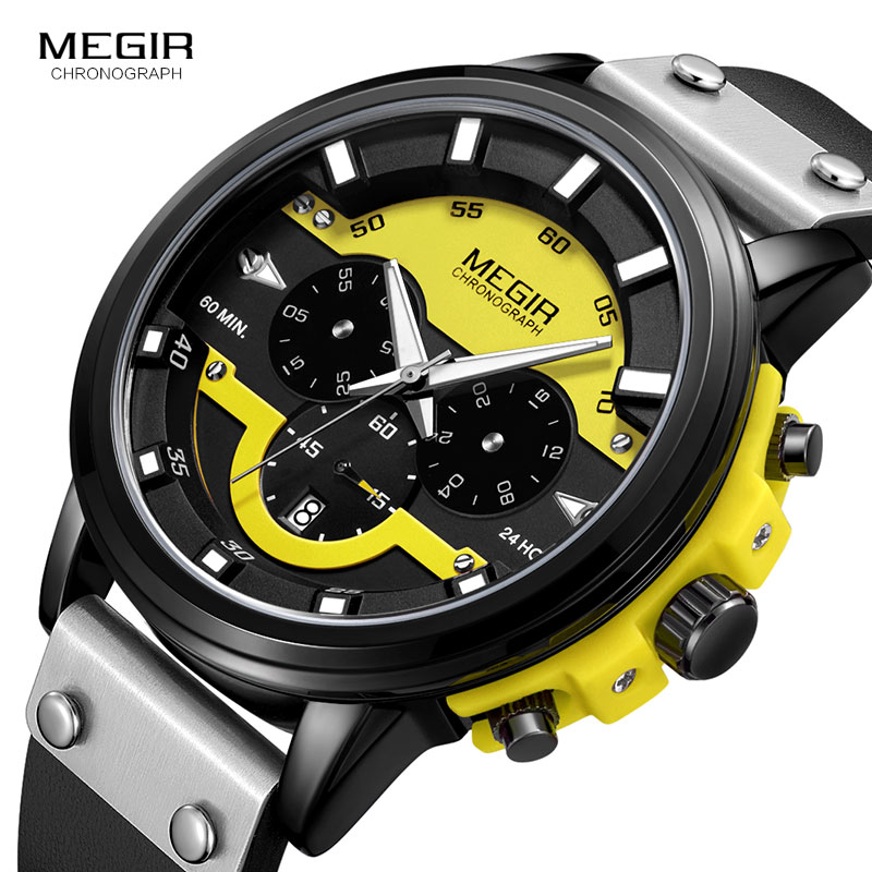 MEGIR 24 Stunden Chronograph Quarz Uhren Wasserdicht Casual Leder Armbanduhr für Mann Leuchtende Hände Sport Uhr 2080 Gelb