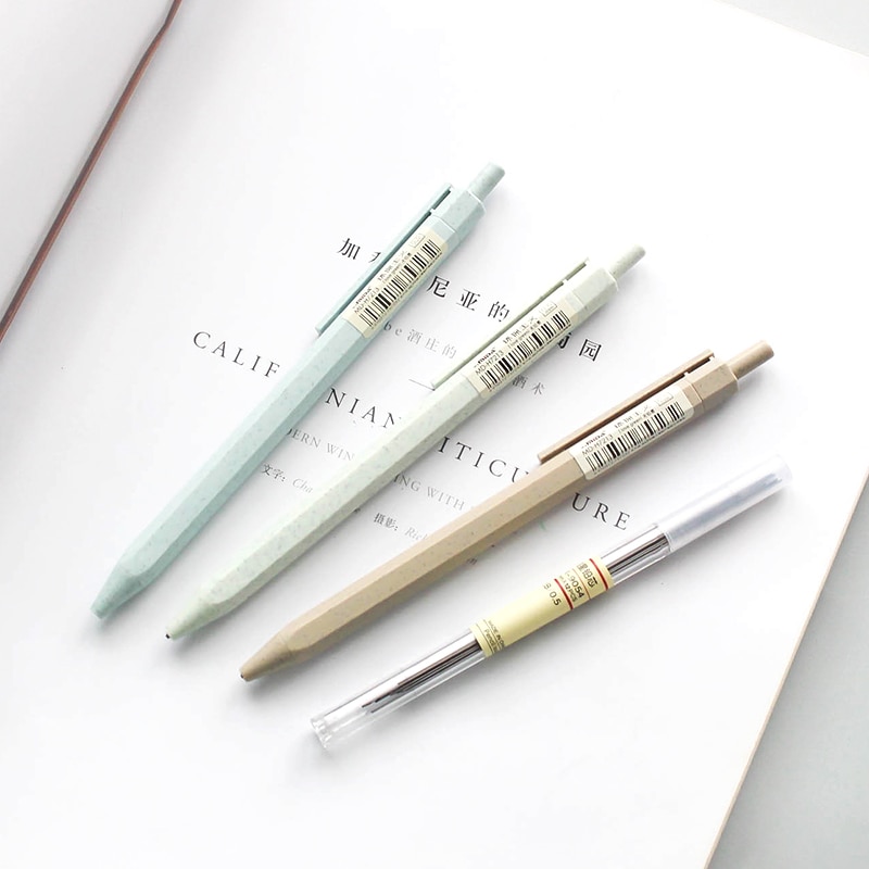 0.5mm Mechanical Pencil Brown, Blue, Green Hexagonal Barrels Automatic Drafting Pencil Wheat Straw Pencil for Writing Drawing