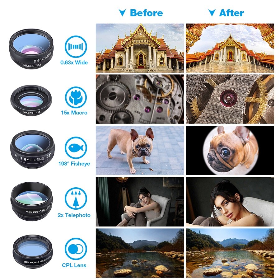 10in1 Phone Camera Lens Kit Fisheye Wide Angle Telescope Macro Mobile Lenses For iPhone Samsung Redmi 7 Huawei Cell Phone