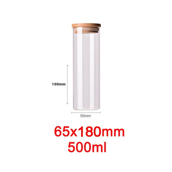 Glasopbevaringsglas med bambuslåg korndispenser opbevaringsflasker højkapacitets glasbeholdere til madkrydderier slikkrukke: 6.5 x 18cm
