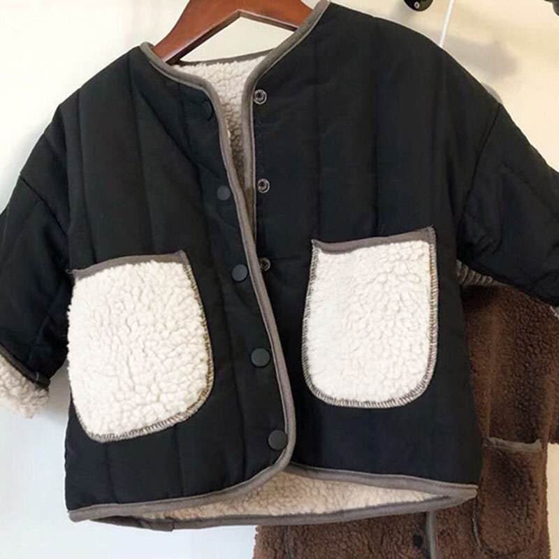 Autumn Winter Boys and Girls Regular Korean Style Cotton Kids Jacket Single-Breasted Pockets Warm Fashionable: Black / 6M