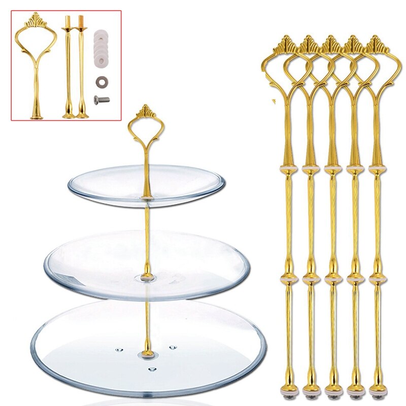 3 Tier Golden Cake Stand(5 SETS) Holder,Crown & 5Set 2 3 Tier Cake Plate Stand Heavy Metal Center