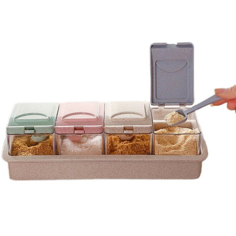 4 pièces ensemble épices conteneur pot Condiment distributeur sel assaisonnement boîte cuisine outil avec cuillère