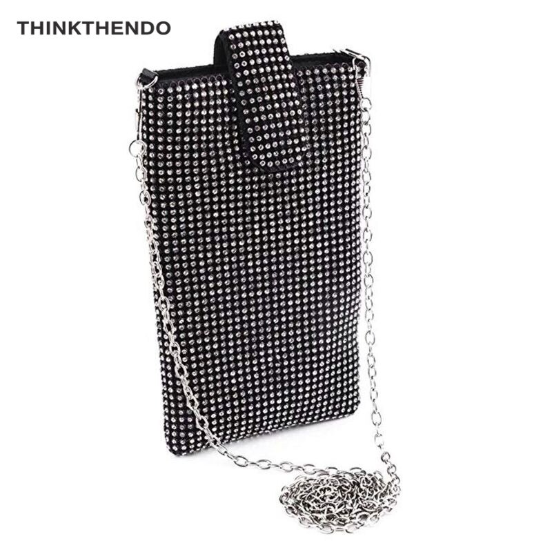 THINKTHENDO – sac à main de soirée, pochette pour femmes, petit sac à bandoulière pour téléphone portable, portefeuille: BK
