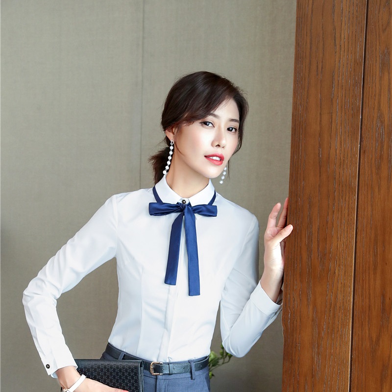 Nouveauté bleu Blouses & chemises pour femmes affaires travail usure OL Styles Blouse femme vêtements avec cravate automne