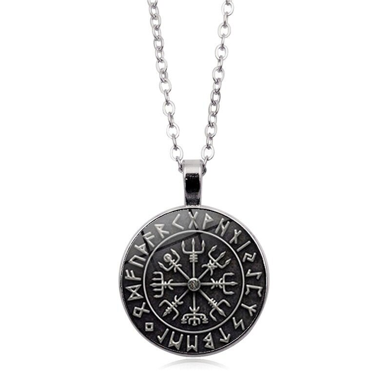 Neue Wikinger Odin Symbol Rune Amulett Verbündeten Kette Kompass Anhänger Vegvisir Halskette: Stahl farbe
