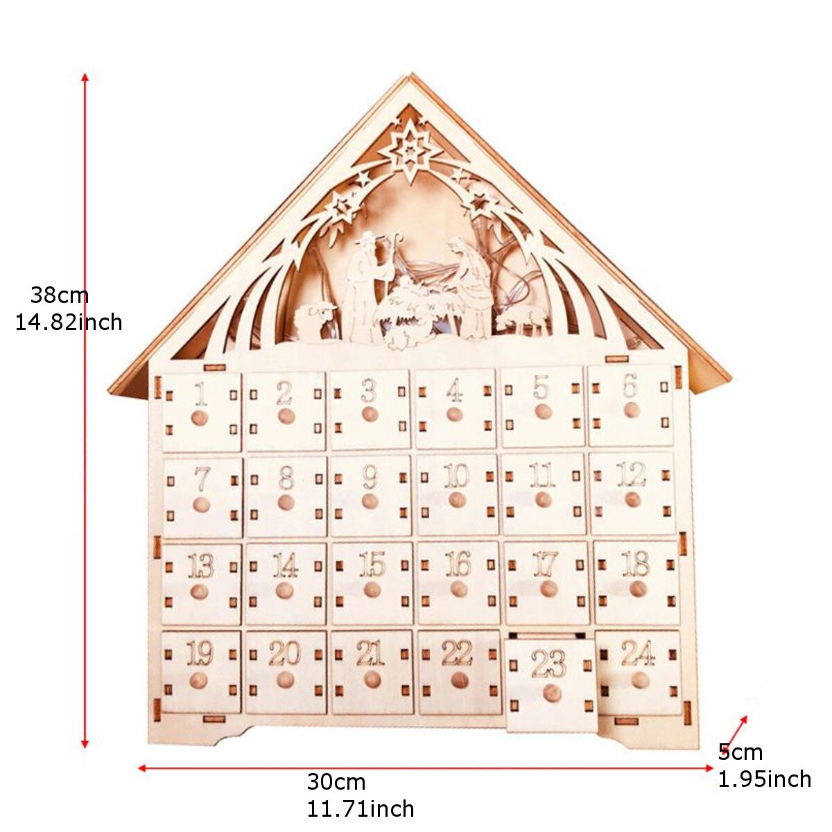 Houten adventskalender, aftellampjes, kerstverlichting, 24 uittrekbare lades, led-lampjes, kerstversiering, adventskalender