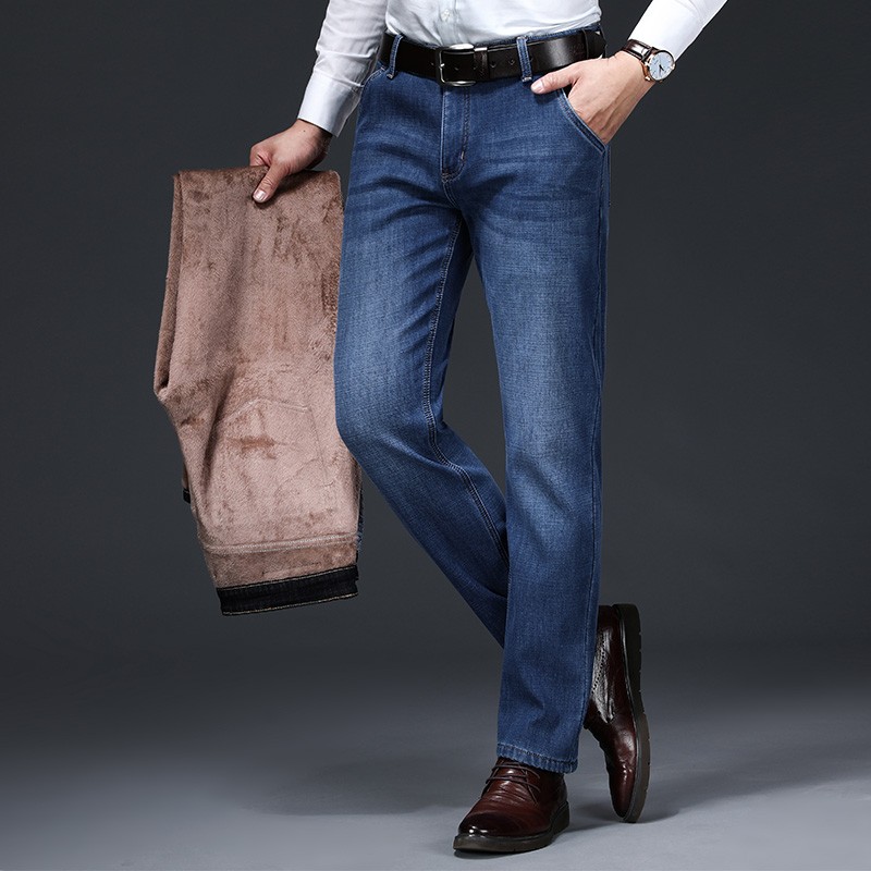 Vinterjeans mænd sort slim fit stretch tykke fløjlsbukser varme jeans casual fleecebukser herre plus str.