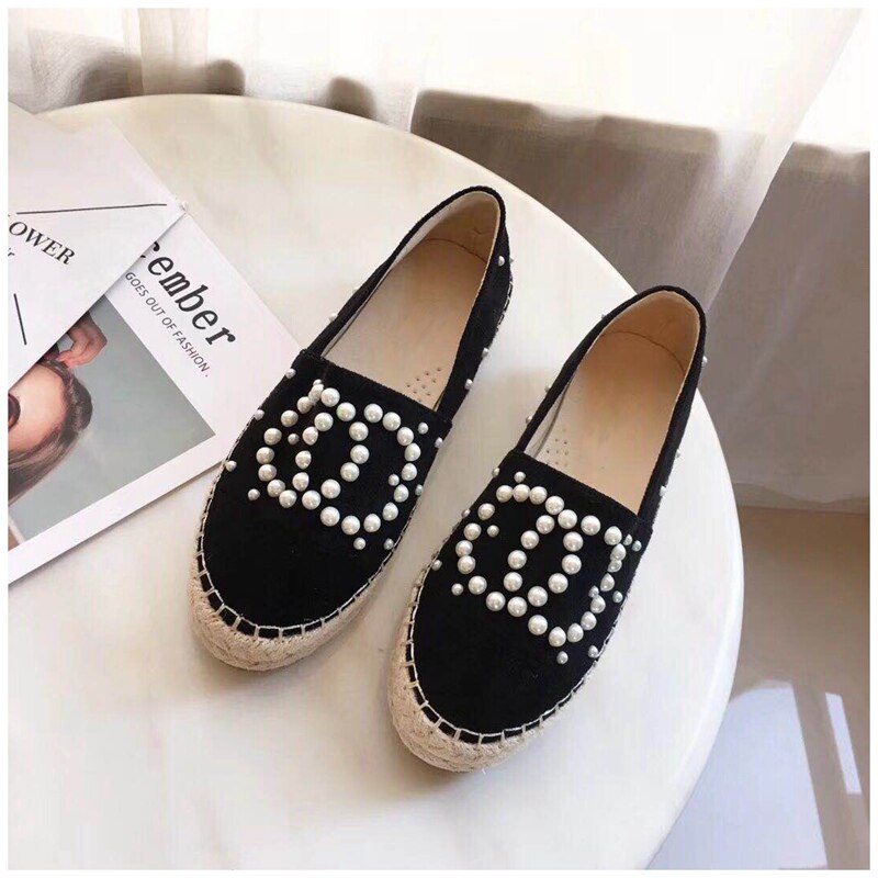 Dames platte schoenen parel loafers riet hennep stro visser platte hak schoenen ronde neus instappers casual schoenen schoenen: Zwart / 8.5