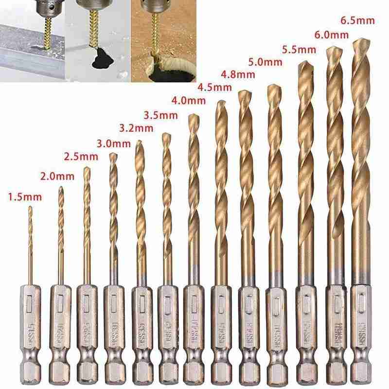 Jeu de forets HSS revêtus de titane, foret hélicoïdal à tige hexagonale de 1/4 "adapté au perçage du bois de 1.5 à 6.5mm
