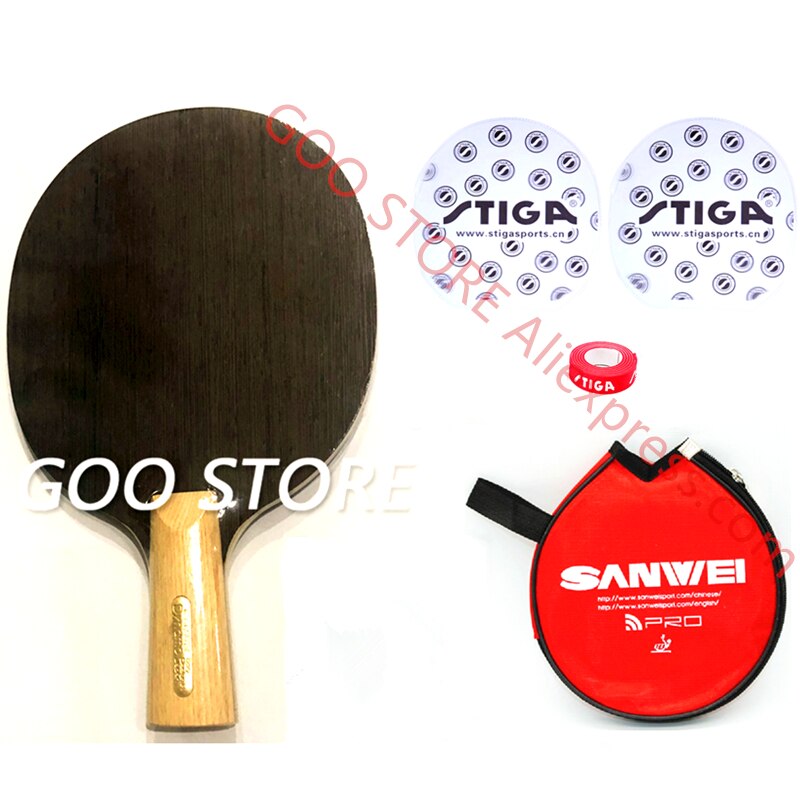 SANWEI-Pala de tenis de mesa, pala de 5 capas, de madera, mango de ciprés japonés, raqueta de Ping Pong ligera de ataque rápido, paleta de murciélago: CS with case film