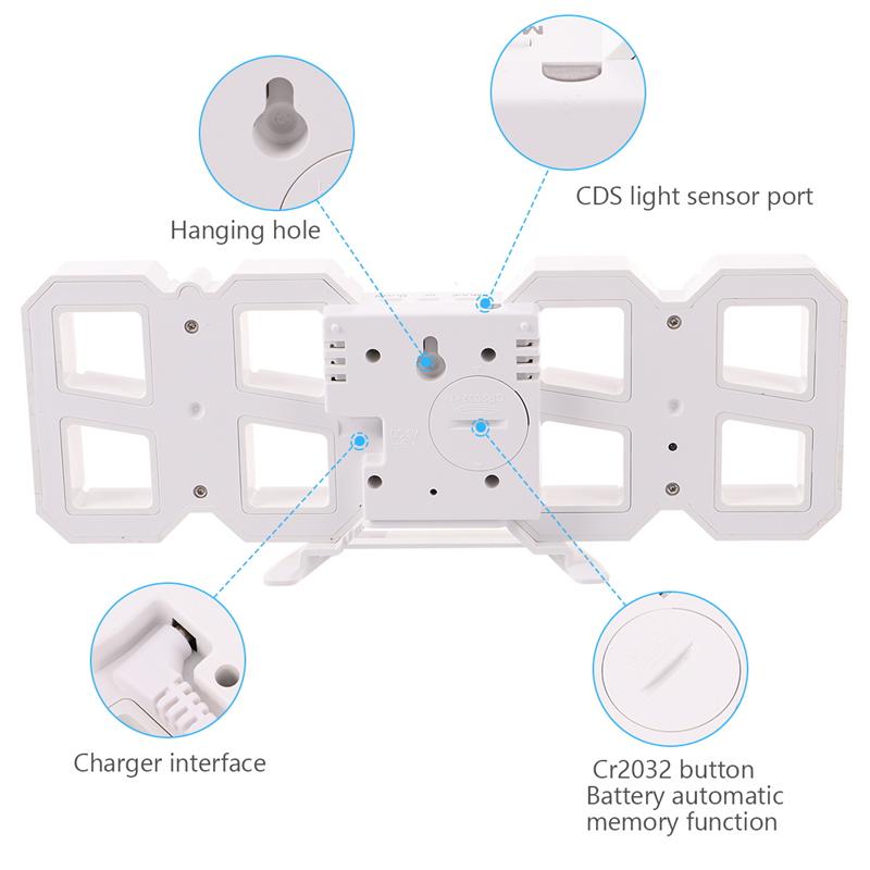 3D LED Digital Clock Wall Desk Alarm Clock USB Charging Clock for Home Office (White, Red Numbers)