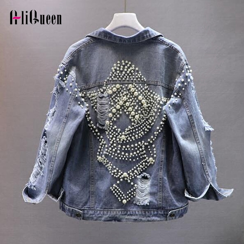 Vintagekvinnor coola flossade hål pärlor pärlstav denimjacka lösa jeansjackor rockar kvinnliga streetwear ytterkläder chaqueta mujer