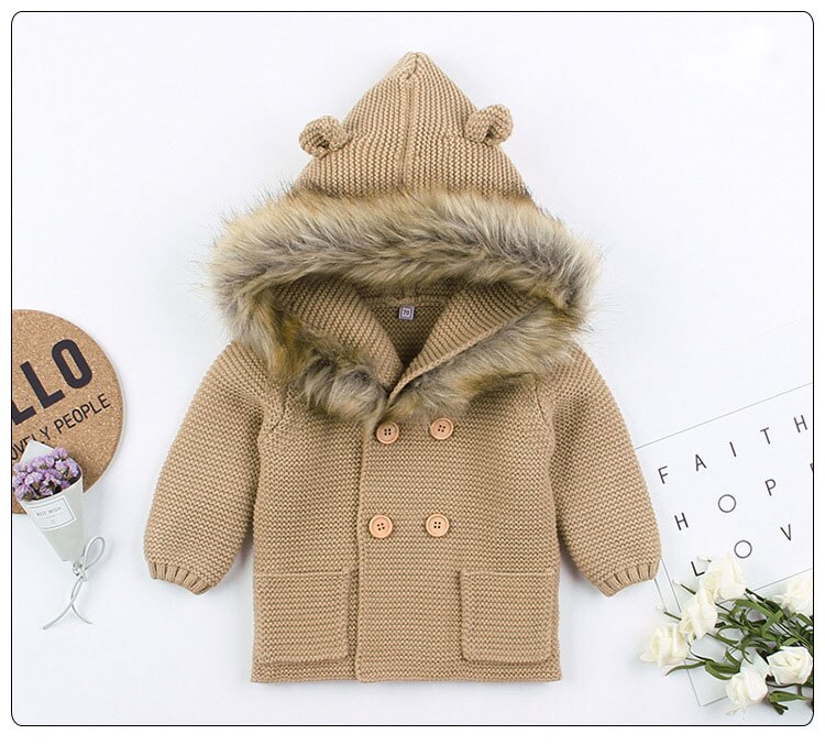 Peuter Jongens Meisjes Truien Jas Herfst Winter Lange Mouwen Gebreide Tops Double Breasted Trui Baby Hooded Jassen 0- 24M: Bruin / 12m