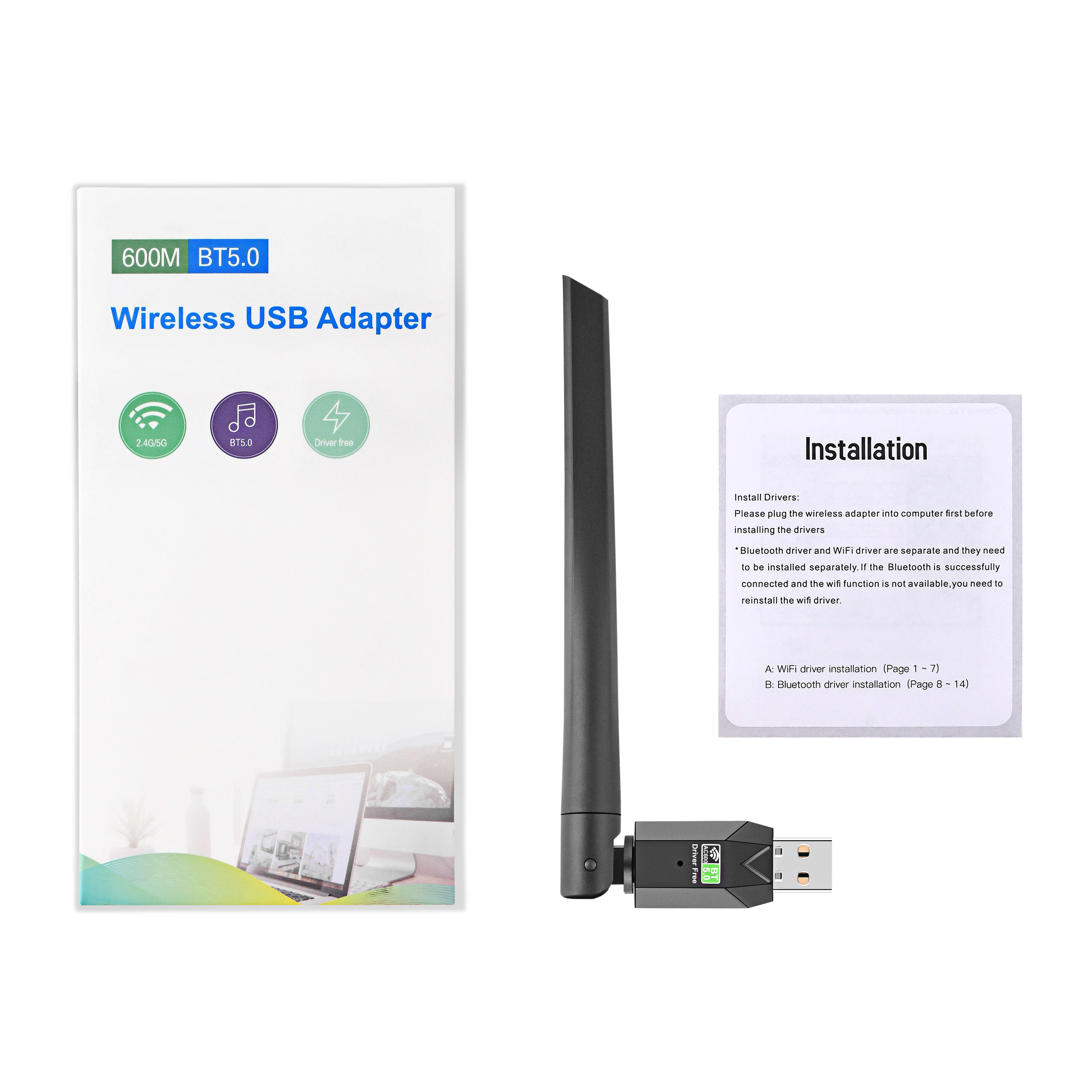 OPTFOCUS 600Mbps USB Bluetooth 5.0 AC Wifi Adattatore 2 in 1 Per PC BT wifi5 2.4G 5G 5dbi Dongle Usb Ricevitore WiFi Wireless Para PC