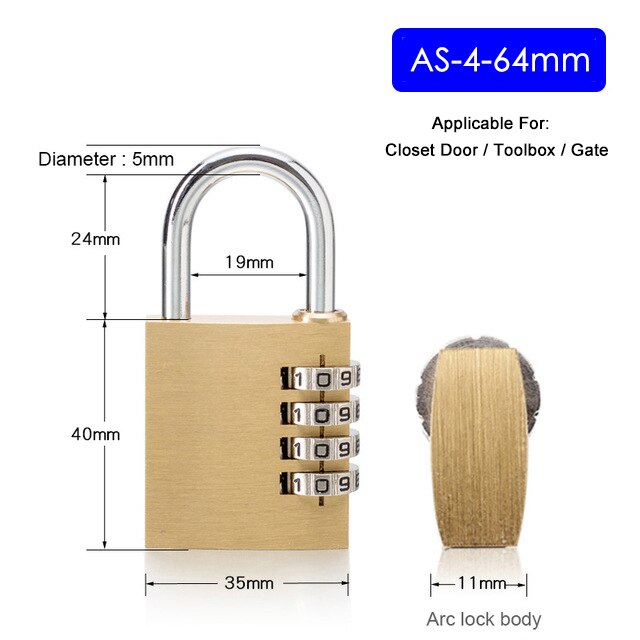 NAIERDI Digital Combination Password Lock High Security Solid Brass Anti-Drill Lock Travel Luggage Code Padlock Suitcase Locks: AS-4-64MM