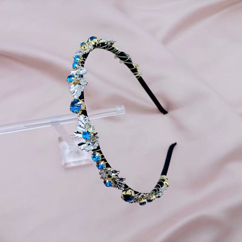 Crystal Leaves Headbands Korean Rhinestone Retro Hairbands Women Crown Hoop Accessoires Femme: Blue
