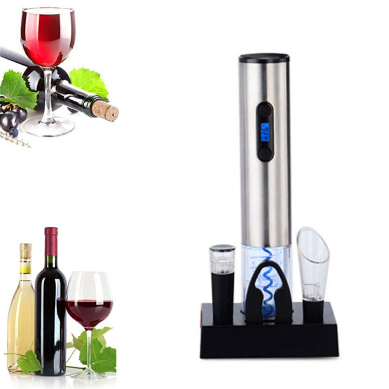 Electric Corkscrew Electric Stainless Steel Wine Bottle Opener With Charging Stand Lcd Battery Indicator, Silver (Eu Plug)