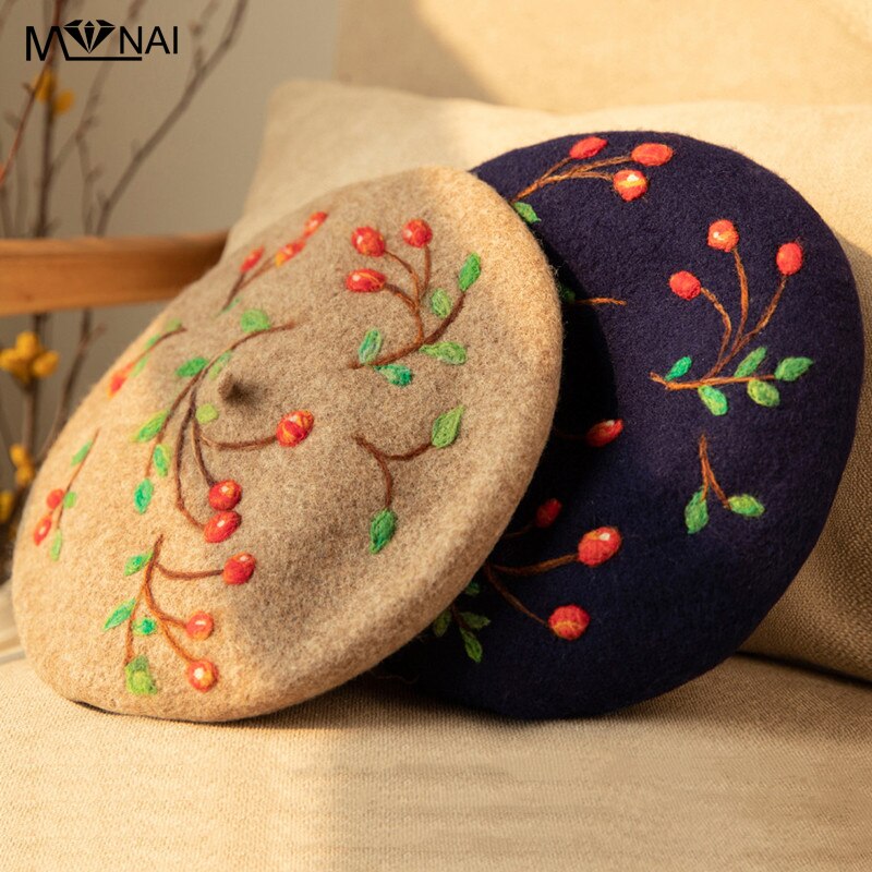Hat Novelty Branches Pattern Artist Beret Cute Handmade Warm Wool Felt Autumn Winter Hats Party