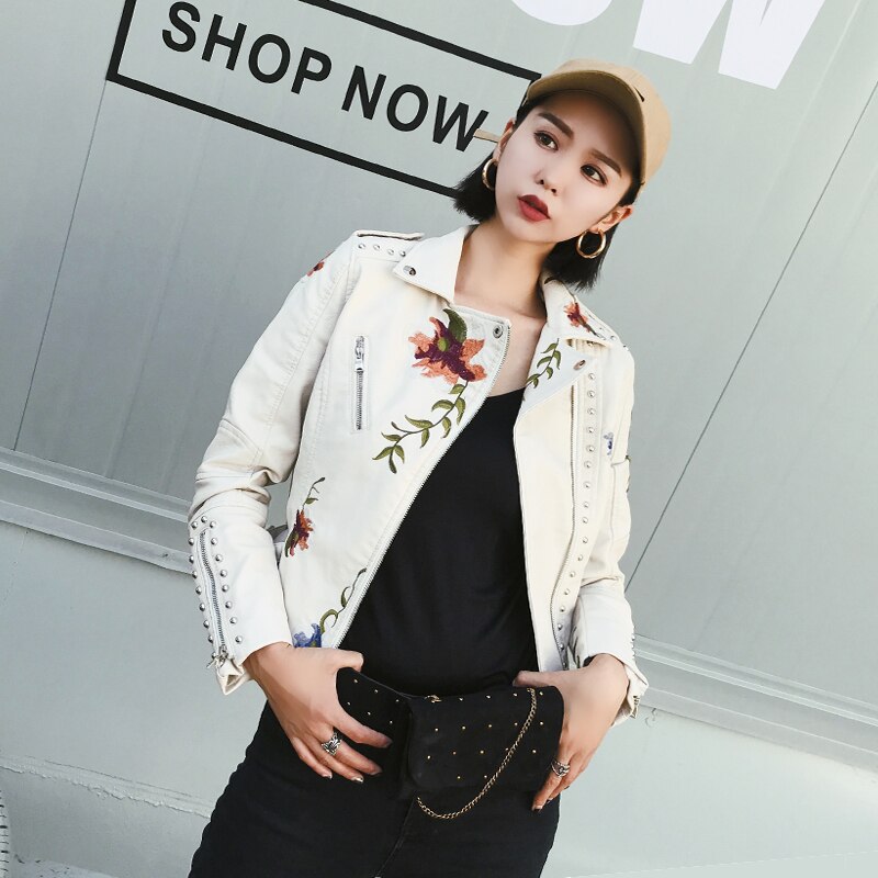 FTLZZ-chaqueta de cuero PU con bordado Floral para mujer, abrigo con cuello vuelto, ropa de calle, prendas de vestir Punk negras para motocicleta