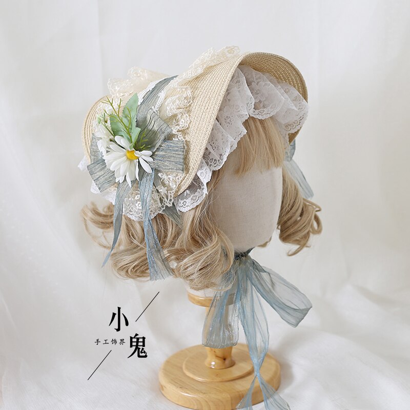 Multi-Color Lolita Flower Flat Hat Top Hat Flower Wedding Tea Party Pastoral Straw Hat Lace Han Yang Eclectic Summer: Beige