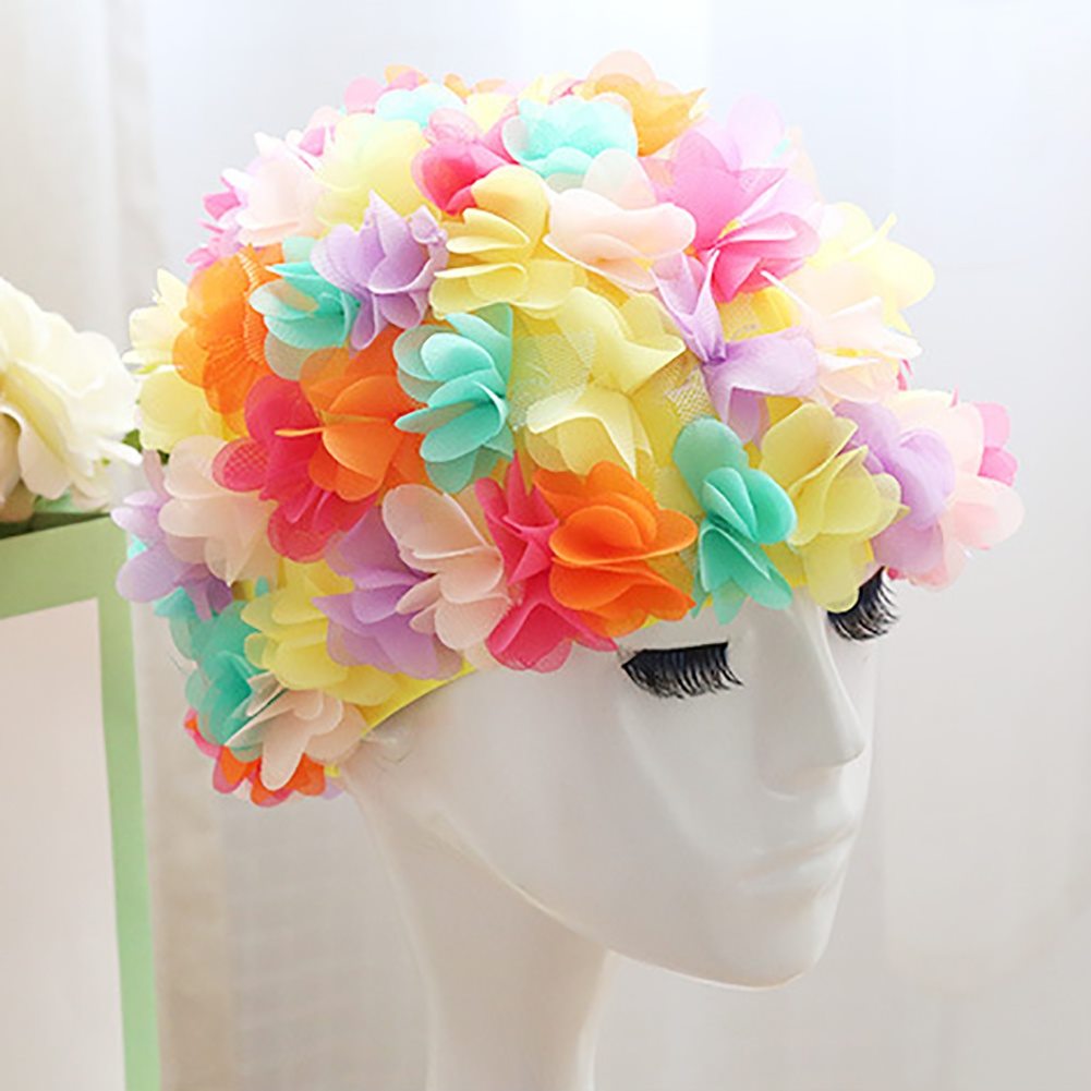Gorro de natación de flores para mujer, cómodo gorro de piscina transpirable, pétalos tridimensionales elásticos, diadema de pelo largo con forro grande: Colorful