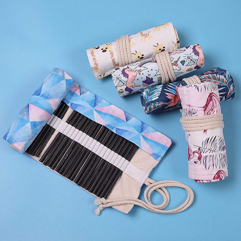 Handmade Canvas Pencil Wrap Roll Up Case Holder Bohemian Style Travel Drawing Sketching Coloring Pencil Roll Organizer