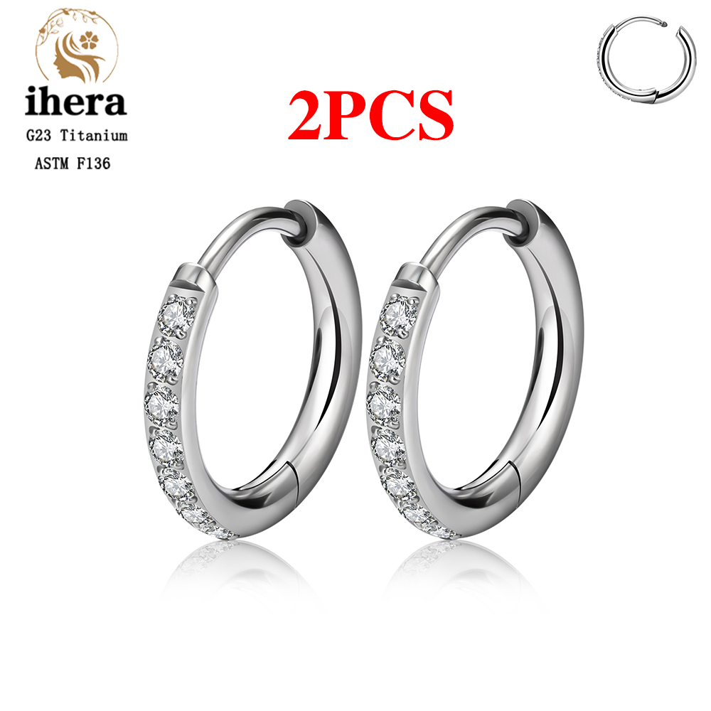 2/20 piezas G23 Piercing de titanio pendientes redondos aros con hebilla de oreja de circón mujeres oreja Tragus cartílago hélice Piercing joyería: Blanco / Rodio plateado