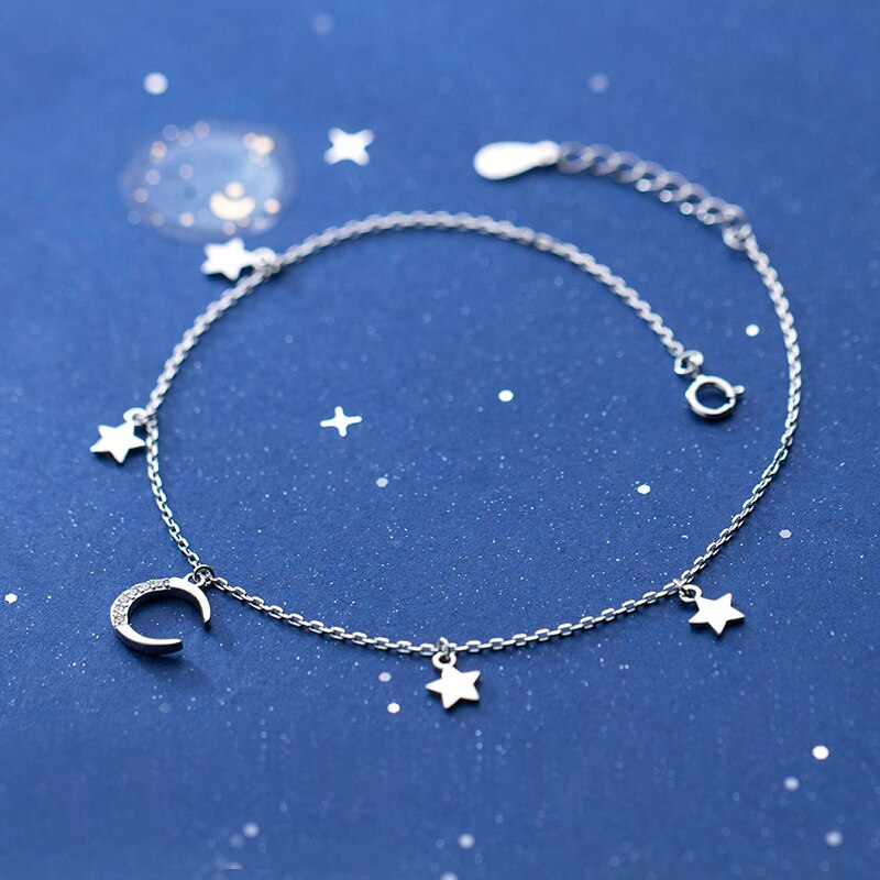 XMD 925 Sterling Silver Moon and Star Silver Bangles Bracelets Moon Star Chain Bracelets Sterling Silver Jewelry