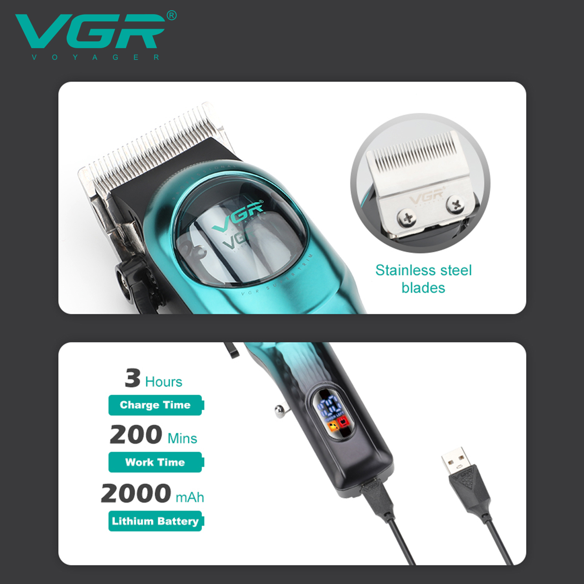 Cortadora de pelo recargable digital inteligente VGR 166 con base de cinta degradada cizalla de empuje eléctrica ajustable