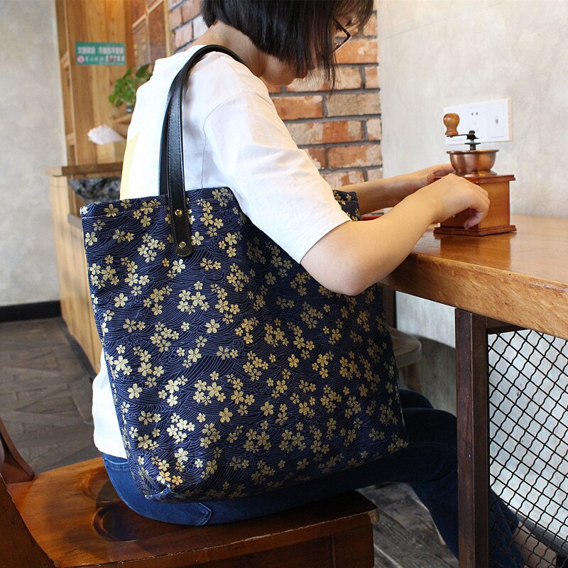 Donkerblauwe zool sakura canvas tas schoudertas heuptas met rits grote capaciteit dames japanse stijl literaire dikke brede handtas