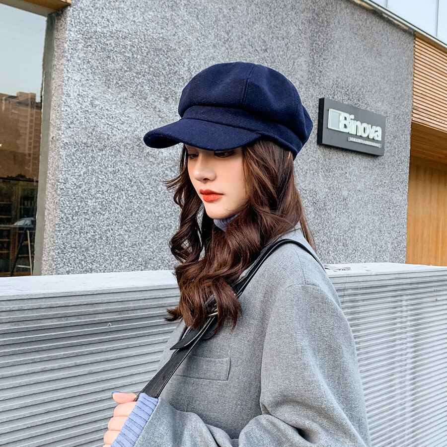 YQYXCY Winter Hats For Women Thickened Warm Beret Octagonal Hat Female Retro Painter Cap Solid Color Newsboy Cap Gorras Korean: navy blue