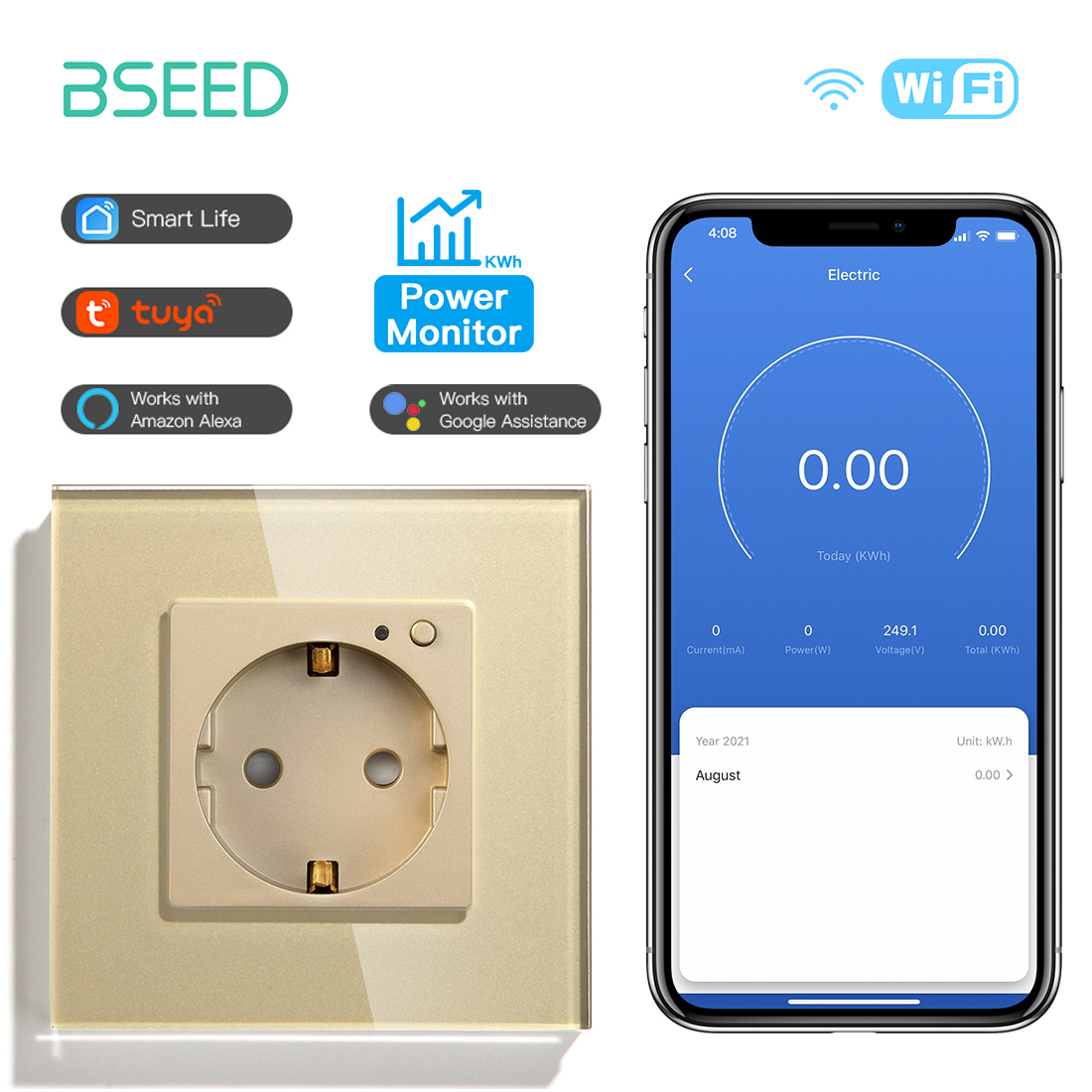 BSEED EU Wall Socket Tuya Smart Socket Wifi Electrical Outlets Power Monitor Google Smart Life Alexa Voice Control Glass Panel: TYPE3