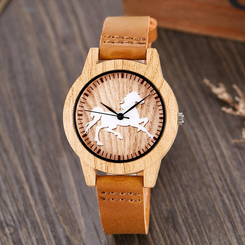 Bambu eller häst imitation trä klocka män kvinnor par armbandsur trä klockor akryl hane brun armbandsklocka reloj: Hästkvinnor