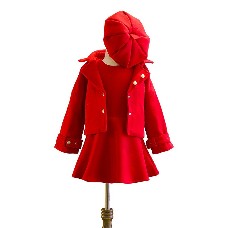Herfst winterpakken kinderen laag vest jurk wollen jas rood driedelig lange mouw effen kleur zachte sets voor meisjes 2 - 7 jaar