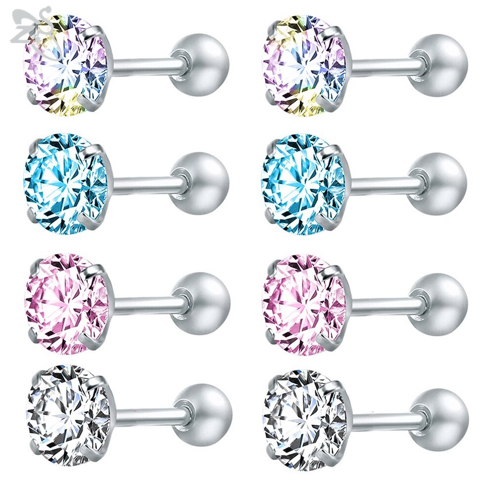 Zs 4 Pairs 3-8Mm Glanzende Zirconia Stud Oorbel Set 316L Rvs Oorstekers Oor Tragus helix Schelp Kraakbeen Piercings: Round / 4mm