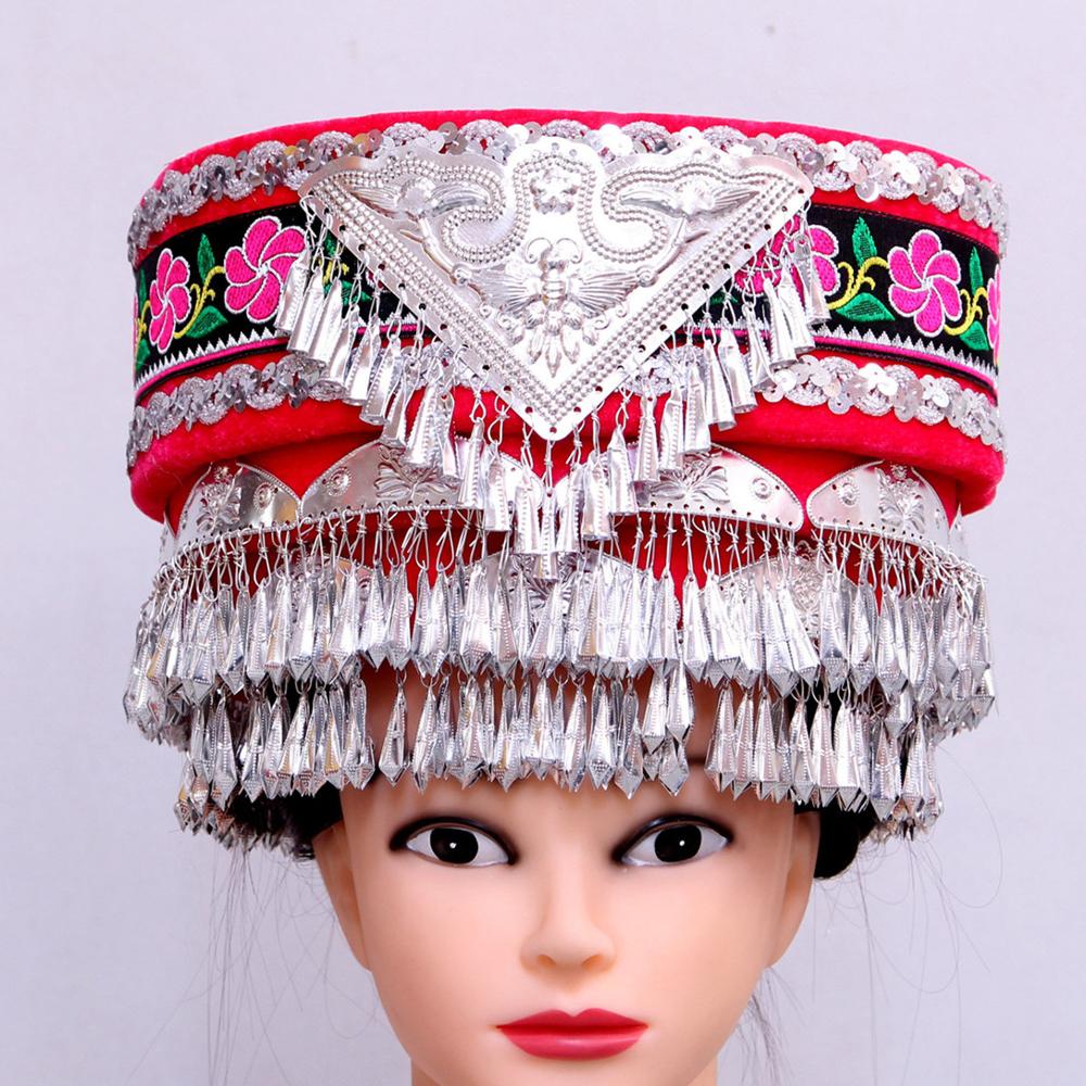 Coiffure de Costume de danse folklorique chinoise pour femmes, chapeaux Hmong Miao argentés, chapeaux de danseuse de scène, vêtements de la minorité chinoise: rose